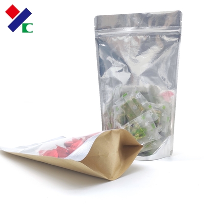 ASTM Kraft Paper Front Clear Stand Up Zipper Pouch Tear Notch Food Grade