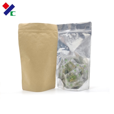 ASTM Kraft Paper Front Clear Stand Up Zipper Pouch Tear Notch Food Grade